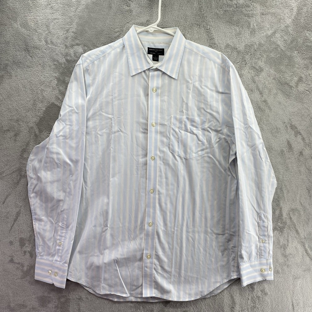 Banana Republic Fitted White Blue Striped Dress Shirt Men's L 16-16.5